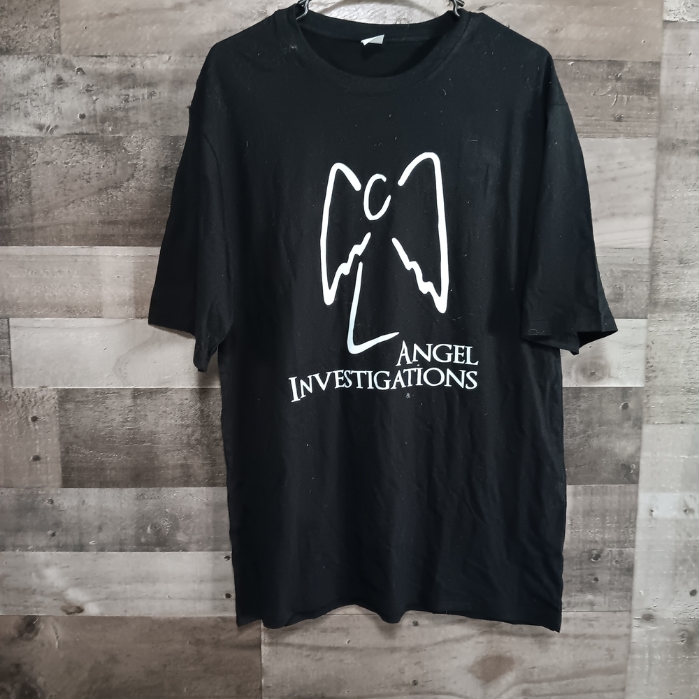 Men's Black Short Sleeve Tee with Angel Investigations Graphic - Picture 1 of 3